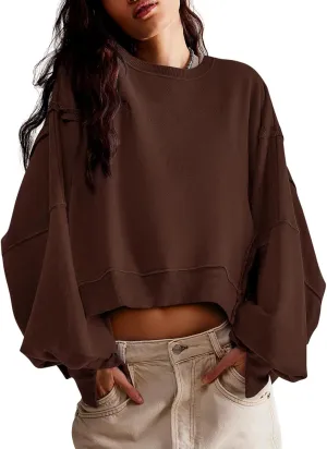 Zwurew Womens Casual Sweatshirt Long Sleeve Tops Crewneck Loose Fit Tee Pullover Crop Tshirt Side Slit Fall Fashion 2024