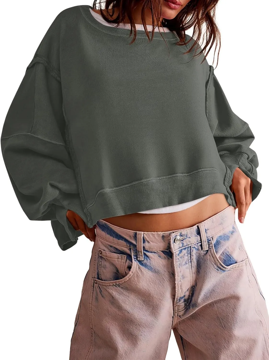 Zwurew Womens Casual Sweatshirt Long Sleeve Tops Crewneck Loose Fit Tee Pullover Crop Tshirt Side Slit Fall Fashion 2024