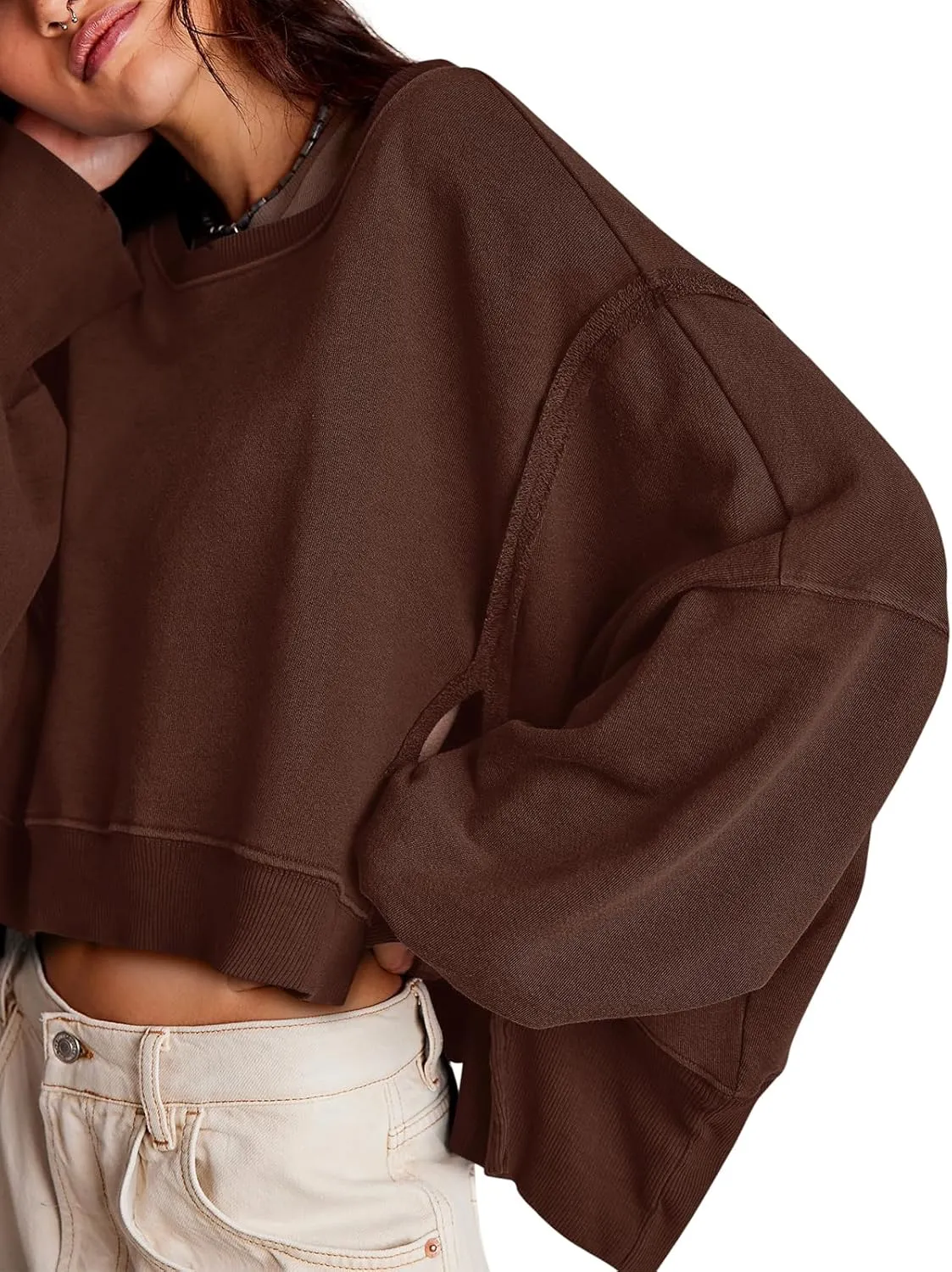 Zwurew Womens Casual Sweatshirt Long Sleeve Tops Crewneck Loose Fit Tee Pullover Crop Tshirt Side Slit Fall Fashion 2024