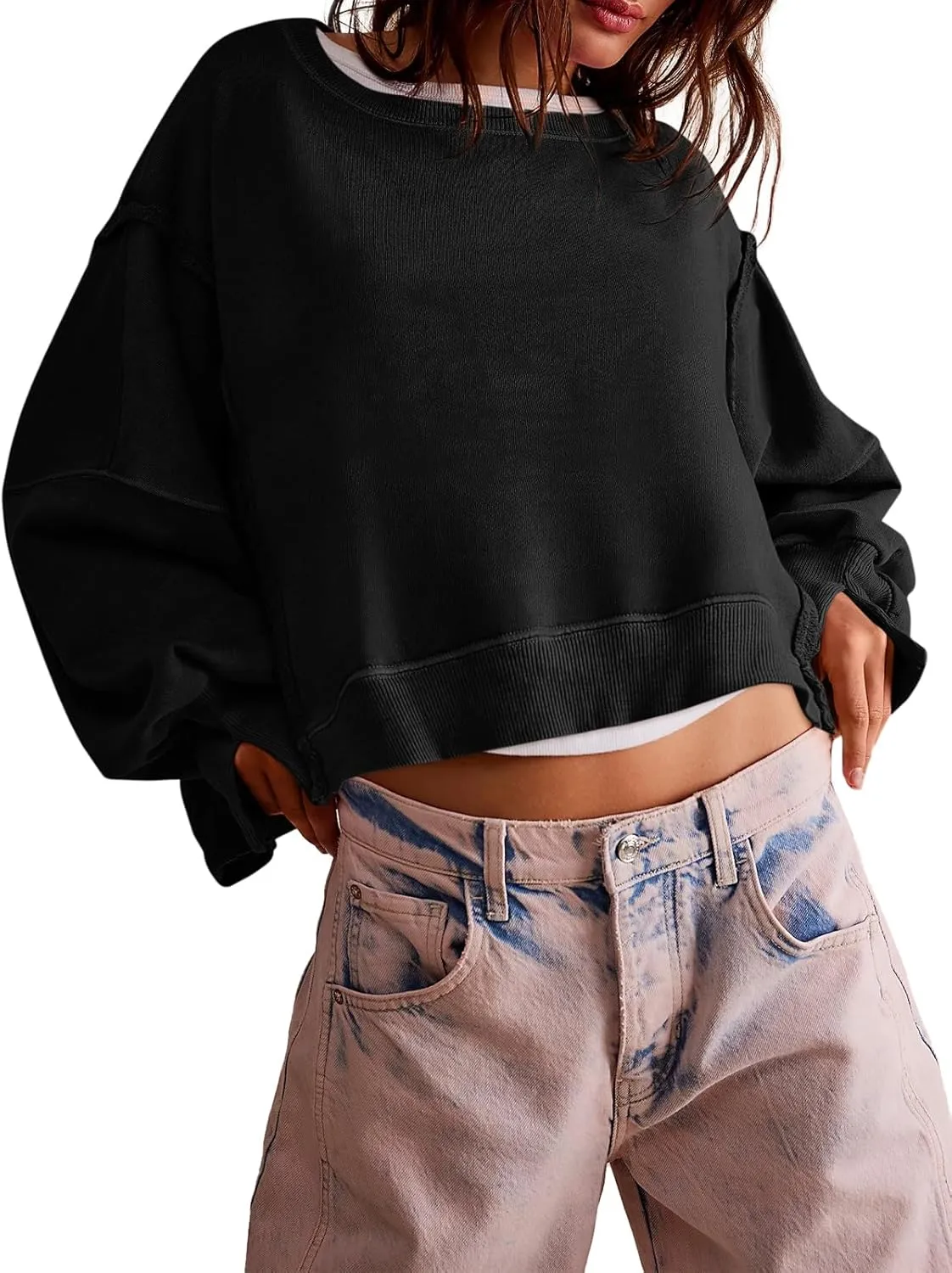 Zwurew Womens Casual Sweatshirt Long Sleeve Tops Crewneck Loose Fit Tee Pullover Crop Tshirt Side Slit Fall Fashion 2024