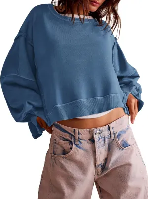 Zwurew Womens Casual Sweatshirt Long Sleeve Tops Crewneck Loose Fit Tee Pullover Crop Tshirt Side Slit Fall Fashion 2024