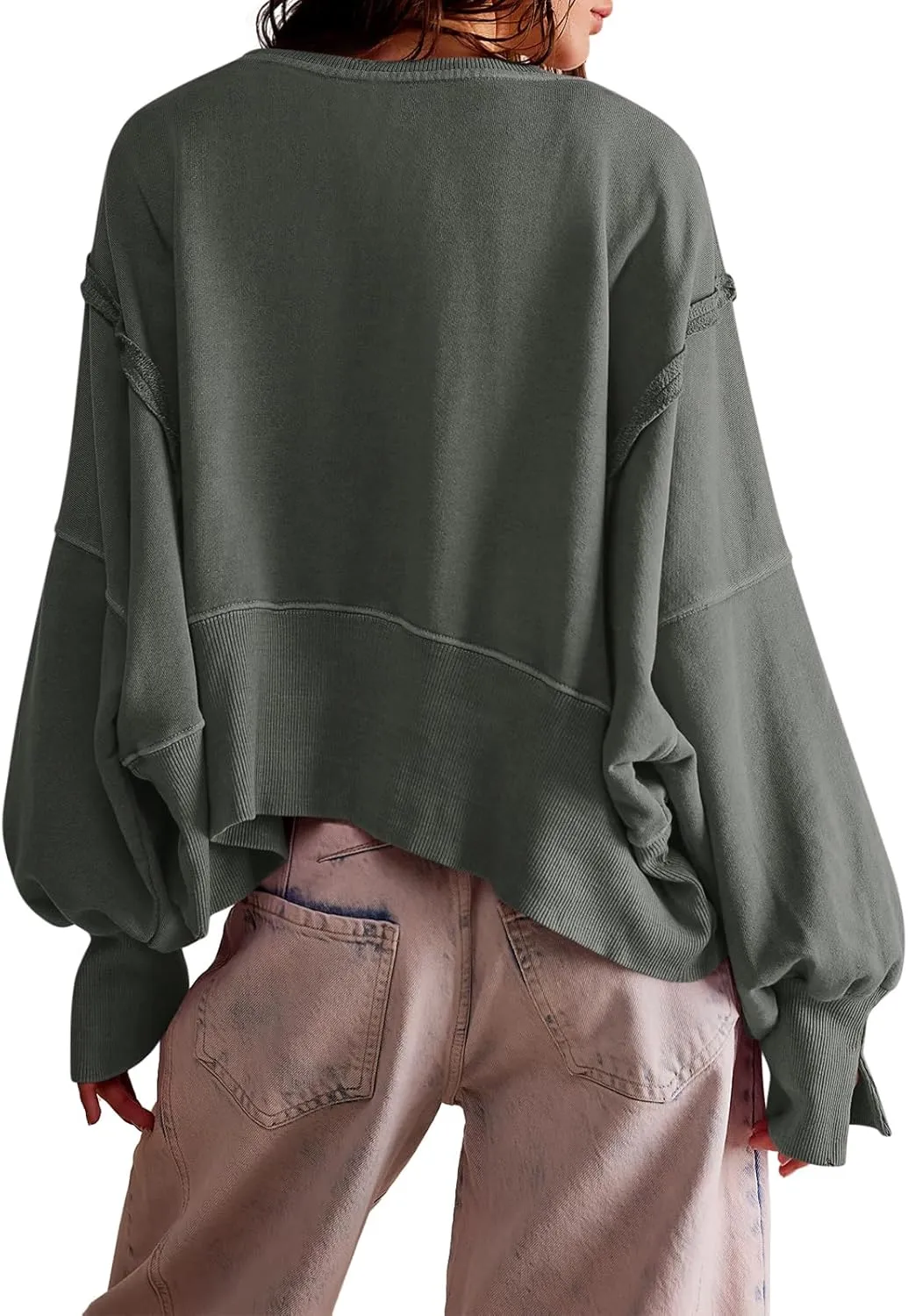 Zwurew Womens Casual Sweatshirt Long Sleeve Tops Crewneck Loose Fit Tee Pullover Crop Tshirt Side Slit Fall Fashion 2024