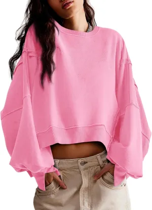 Zwurew Womens Casual Sweatshirt Long Sleeve Tops Crewneck Loose Fit Tee Pullover Crop Tshirt Side Slit Fall Fashion 2024