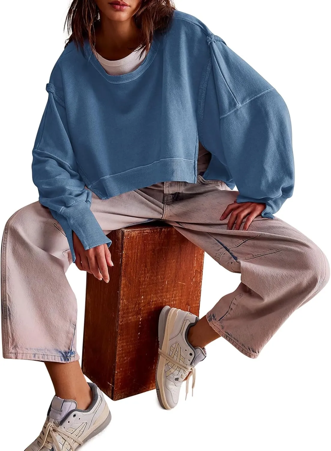 Zwurew Womens Casual Sweatshirt Long Sleeve Tops Crewneck Loose Fit Tee Pullover Crop Tshirt Side Slit Fall Fashion 2024