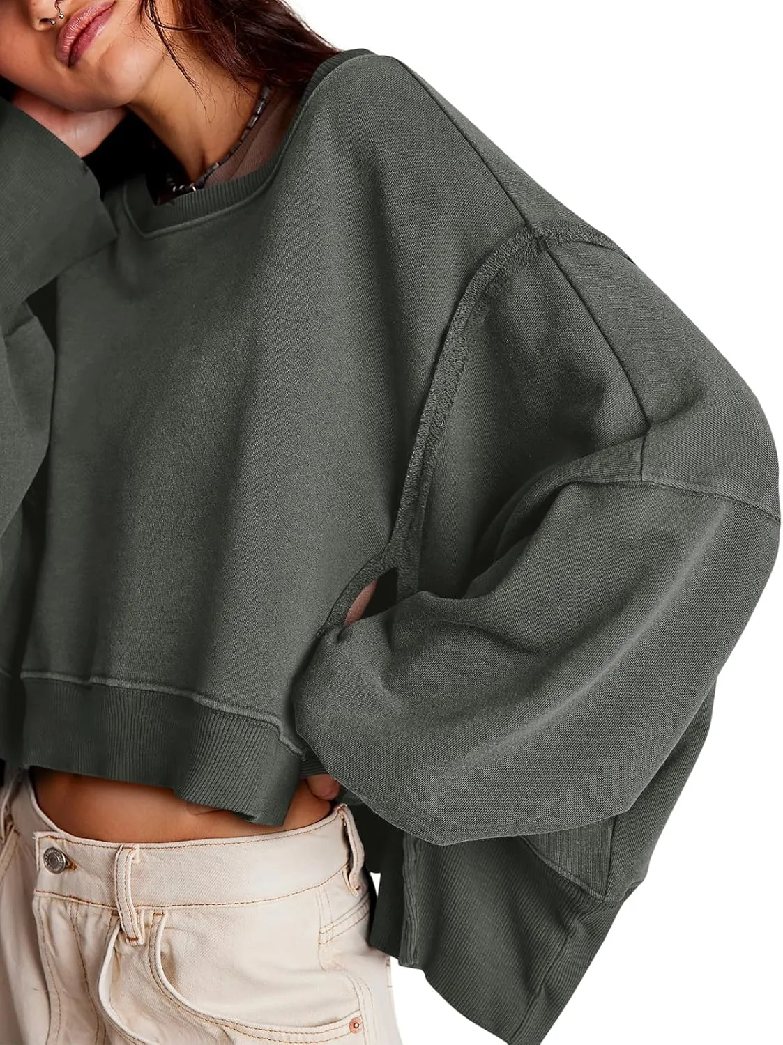 Zwurew Womens Casual Sweatshirt Long Sleeve Tops Crewneck Loose Fit Tee Pullover Crop Tshirt Side Slit Fall Fashion 2024